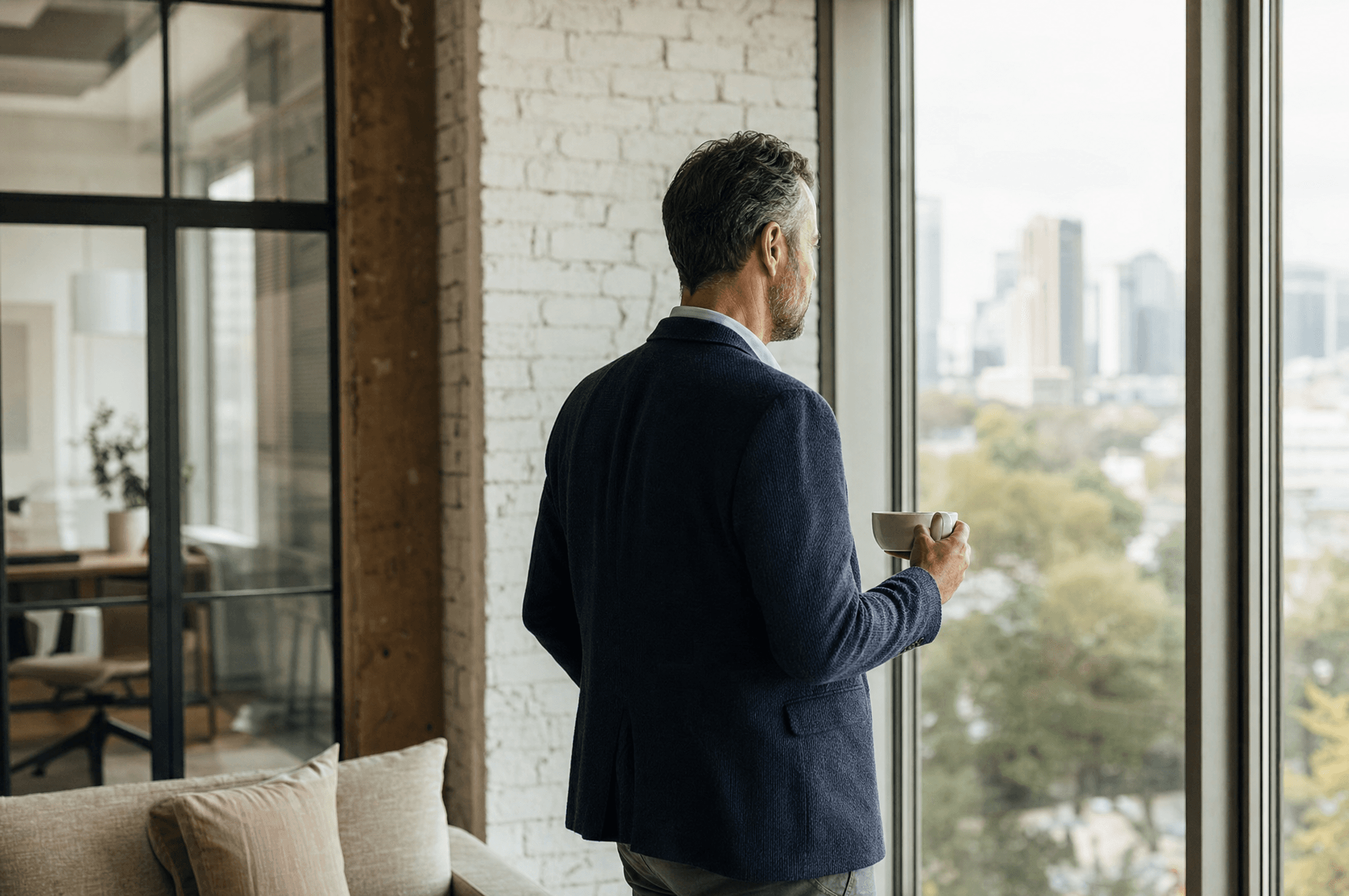 A leader pausing at a large office window, looking toward the city ahead.