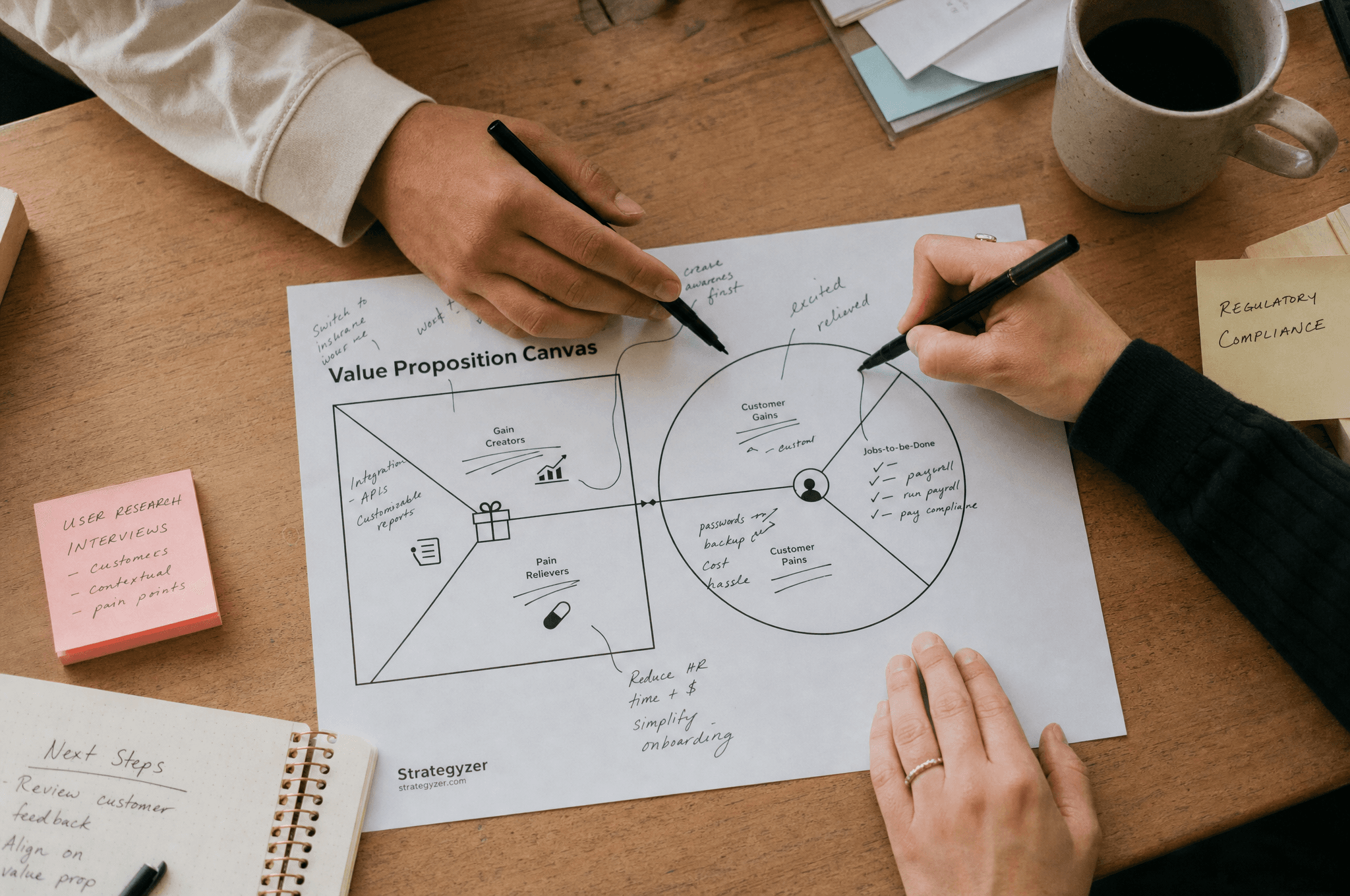 Overhead view of hands annotating a printed strategic framework on a wood table.