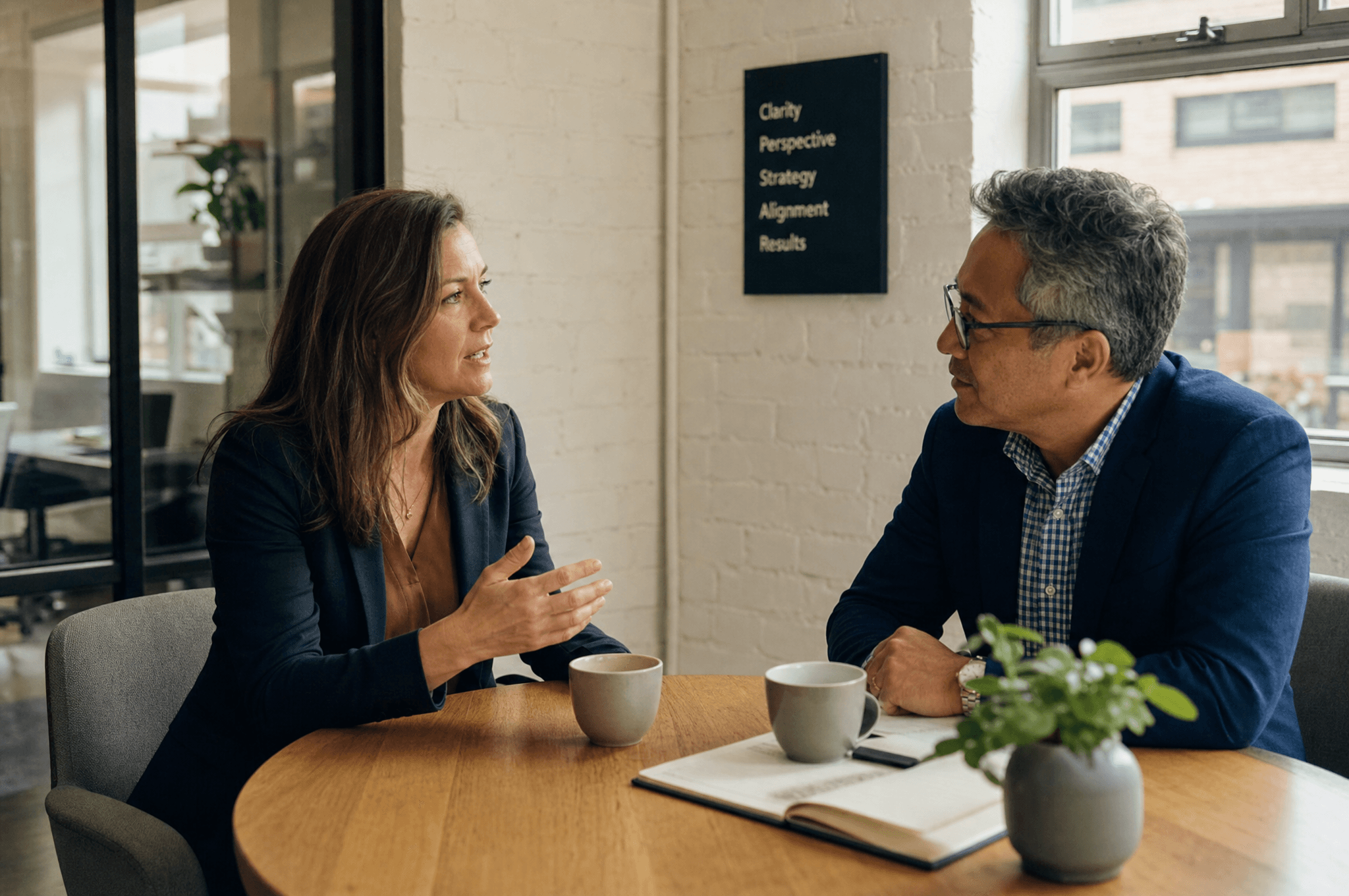 Two leaders in an intent, focused conversation across a small table.