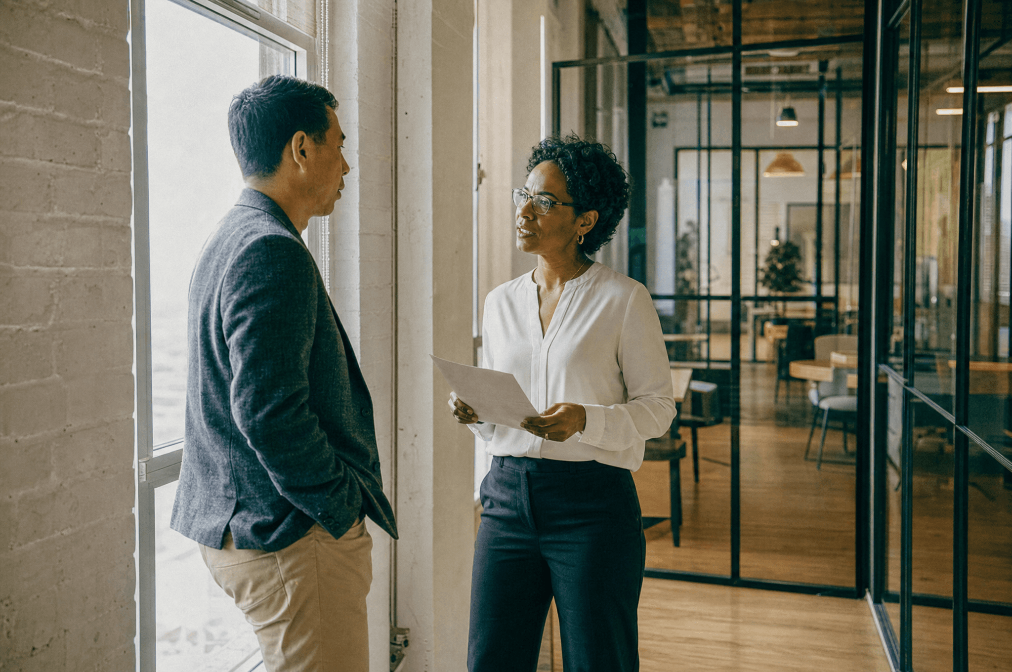 Two people in a hallway conversation by a large office window, the deeper part of a structured interview.