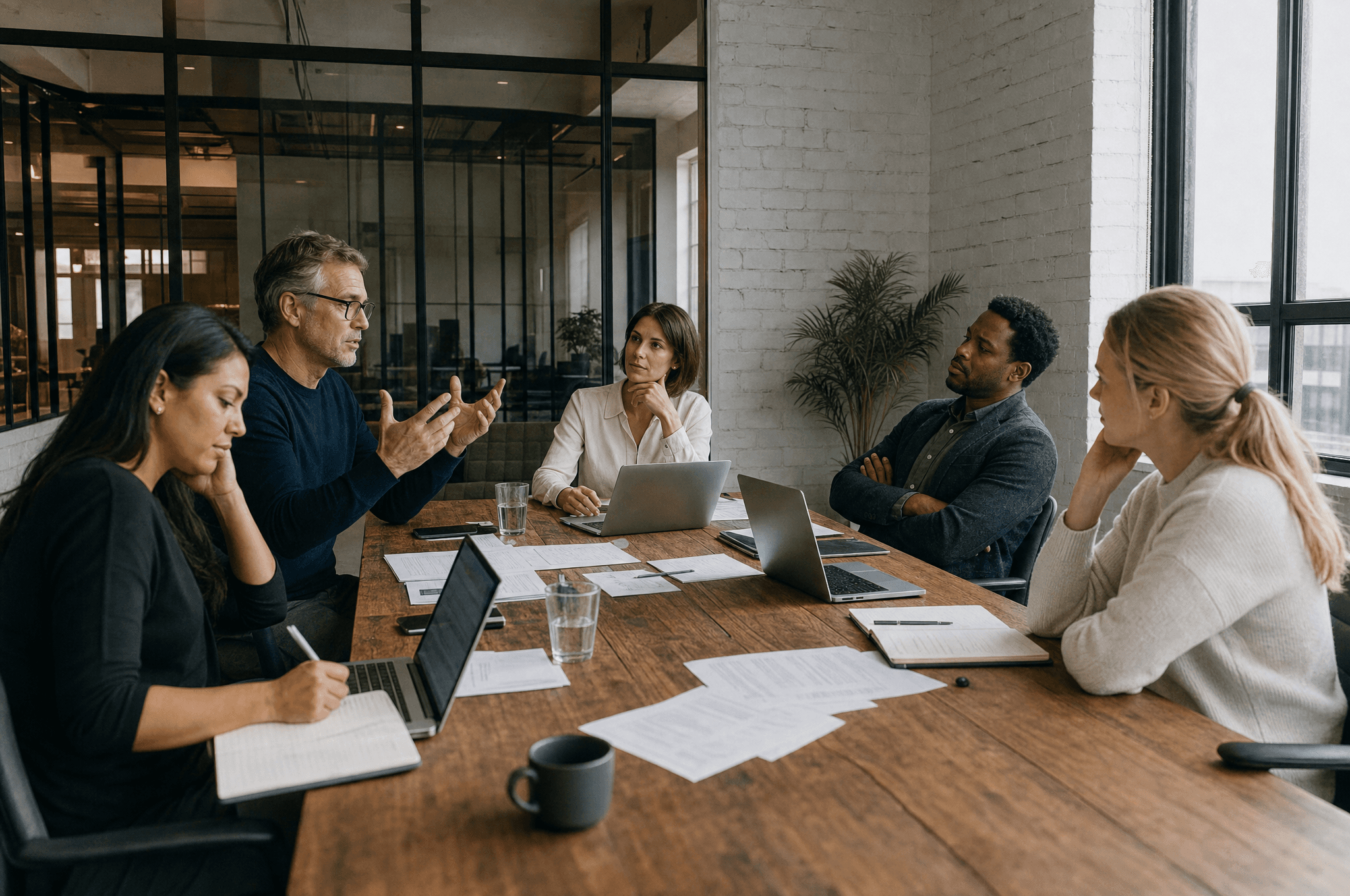 A cross-functional leadership team mid-debate around a meeting table, body language reading not yet aligned.