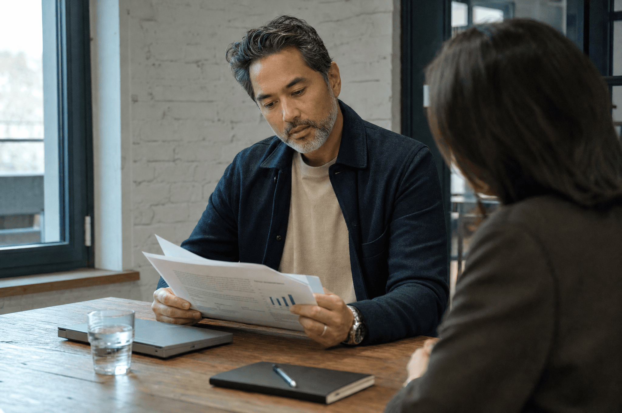 A leader at a meeting table, mid-pause re-reading a line on a printed framework.